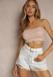 Różowy Koronkowy Top Bandeau o Dopasowanym Kroju Pasiella. Czerwone topy Renee, l, bez wzorów, z jeansu, bez kołnierzyka, bez ramiączek. W wyprzedaży za 23.99 zł.