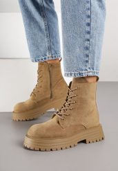 Ciemnobeżowe Klasyczne Botki Workery Vemivra. Brązowe botki Born2be, bez wzorów, z jeansu, bez obcasa, na płaskiej podeszwie, bez zapięcia. Za 159.99 zł.