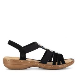 Sandały Rieker. Czarne sandały Rieker, bez wzorów, bez obcasa, na płaskiej podeszwie, bez zapięcia. Za 239.99 zł.