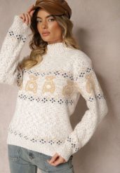 Jasnobeżowy Sweter z Wełną Ozdobiony Misiami i Ściągaczami Selirina. Brązowe swetry Renee, l, bez wzorów, z jeansu, bez ramiączek. Za 74.99 zł.