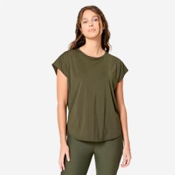 Koszulka fitness damska Domyos krótki rękaw. Brązowe bluzki DOMYOS, l, bez wzorów, z elastanu, sportowe, bez kołnierzyka, bez ramiączek. Za 59.99 zł.