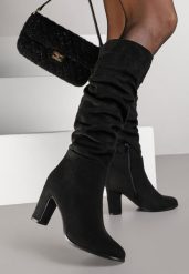 Czarne Kozaki na Słupku w Stylu Slouchy do Kolan Zeriza. Czarne kozaki Renee, z jeansu, bez obcasa, na obcasie, bez zapięcia. Za 159.99 zł.