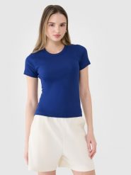 4F T-shirt slim z prążkowanej dzianiny damski - granatowy XXL. Niebieskie t-shirty 4f, xs, bez wzorów, z bawełny, bez kołnierzyka, bez ramiączek. W wyprzedaży za 39.99 zł.