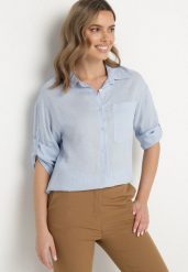 Jasnoniebieska Koszula z Lnem i Kieszonką o Kroju Oversize Lianipa. Niebieskie koszule Born2be, m, bez wzorów, z bawełny, eleganckie, bez kołnierzyka, bez ramiączek. Za 59.99 zł.