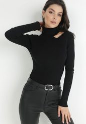 Czarny Golf z Wycięciem cRora. Czarne golfy Born2be, m, z aplikacjami, z dzianiny, bez ramiączek. Za 99.99 zł.