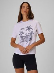 4F T-shirt relaxed z nadrukiem damski - biały S. Białe koszulki sportowe 4f, bez wzorów, z bawełny, bez ramiączek. Za 59.99 zł.