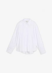 Bluzka koszulowa z lejącego materiału z wiskozą. Białe bluzki bonprix, bez wzorów, z wiskozy, eleganckie, bez kołnierzyka, bez ramiączek. Za 49.99 zł.