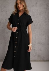 Czarna Koszulowa Sukienka z Wiskozą i Bawełną Ściągana w Talii Corralure. Czarne sukienki Renee, na co dzień, na wiosnę, l, bez wzorów, z bawełny, casualowe, bez kołnierzyka, bez ramiączek, midi, koszulowe. Za 159.99 zł.