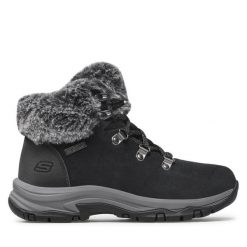 Trzewiki Skechers. Czarne botki Skechers, bez wzorów, bez obcasa, na płaskiej podeszwie, bez zapięcia. Za 279.99 zł.