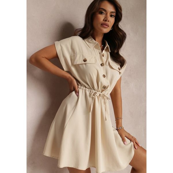 Jasnobeżowa Sukienka Iphitose. Brązowe sukienki Renee, l, bez wzorów, z bawełny, bez kołnierzyka, bez ramiączek, mini, rozkloszowane. Za 109.99 zł.