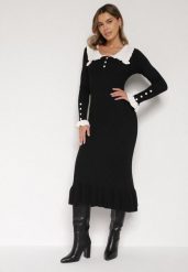 Czarna Dzianinowa Sukienka Retro z Wiskozą z Kołnierzykiem i Falbanami Hanlira. Czarne sukienki Born2be, na co dzień, m, bez wzorów, z dzianiny, eleganckie, bez kołnierzyka, bez ramiączek, dopasowane. Za 139.99 zł.