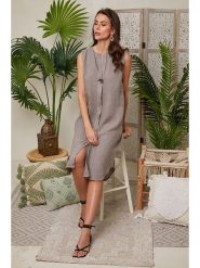 Lin Passion Lniana sukienka w kolorze jasnobrązowym rozmiar: 40/42. Brązowe sukienki Lin Passion, bez wzorów, ze lnu, klasyczne, bez kołnierzyka, bez ramiączek, midi. Za 173.99 zł.