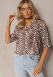 Beżowo-Czarna Wiskozowa Bluzka w Drobny Geometryczny Print z Guzikami Barrela. Brązowe bluzki Renee, s, bez wzorów, z wiskozy, eleganckie, bez kołnierzyka, bez ramiączek. W wyprzedaży za 52.49 zł.