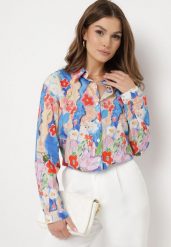 Niebiesko-Beżowa Bawełniana Koszula na Guziki z Artystycznym Motywem z Kwiatami Prisil. Niebieskie koszule Born2be, l, bez wzorów, z bawełny, biznesowe, bez kołnierzyka, bez ramiączek. Za 109.99 zł.