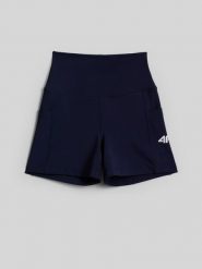 4F Legginsy krótkie tenisowe damskie - granatowe M. Niebieskie legginsy sportowe 4f, m, bez wzorów, z włókna, z podwyższonym stanem, na fitness i siłownię. Za 79.99 zł.