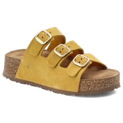 Klapki damskie Yokono, cholewka ze skóry naturalnej zamszowej z trzema szerokimi paskami, żółte, Wiwi-263 Ser Mostaza. Żółte klapki Yokono, bez wzorów, ze skóry, bez obcasa. Za 249.00 zł.