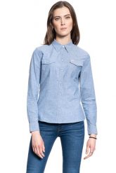 DAMSKA KOSZULA MATERIAŁOWA LEE SLIM WESTERN SHIRT SUMMER BLUE L45RHONJ 112110416. Niebieskie koszule Lee, l, bez wzorów, z materiału, bez kołnierzyka, bez ramiączek. Za 129.99 zł.
