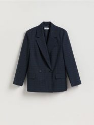 Dwurzędowa marynarka w kratę - granatowy. Niebieskie marynarki i żakiety Reserved, l, bez wzorów, z tkaniny. Za 249.99 zł.
