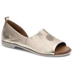 Sandały damskie Artiker, wykonane ze skóry naturalnej licowej z perforowaną cholewką odkrytym przodem naszywanym detalem i przeszyciem wokół podeszwy. Żółte sandały Artiker, bez wzorów, ze skóry, z otwartym noskiem, bez obcasa, bez zapięcia. Za 219.00 zł.