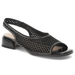 Sandały damskie S.Barski, skóra naturalna ażurowa cholewka fason slingback elastyczny pasek niski stabilny obcas połyskujące zdobienia, czarne, CR61-. Czarne sandały S.BARSKI, z aplikacjami, ze skóry, bez obcasa, na obcasie, bez zapięcia. Za 289.00 zł.