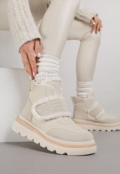 Beżowe Śniegowce Ozdobione Futerkiem i Przeszyciami Newelara. Brązowe trapery i śniegowce Renee, z jeansu. Za 109.99 zł.