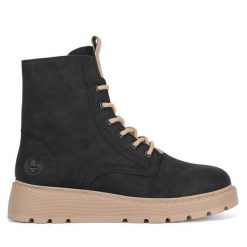 Botki Rieker. Czarne botki Rieker, bez wzorów, bez obcasa, na płaskiej podeszwie, bez zapięcia. Za 429.99 zł.
