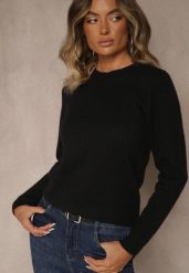 Czarny Sweter z Wełną ze Ściągaczami Furrive. Czarne swetry Renee, bez wzorów, z jeansu, bez ramiączek. Za 69.99 zł.