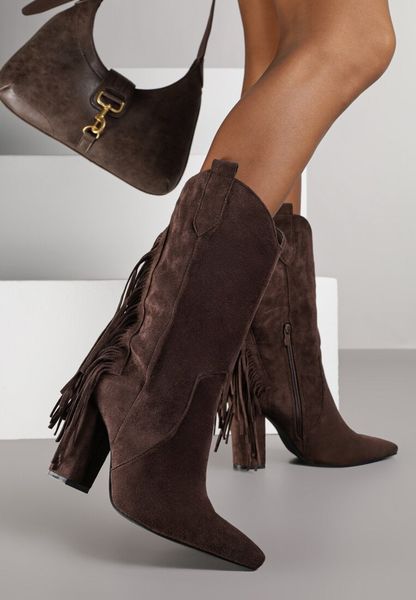 Brązowe Botki Kowbojki na Słupku Ozdobione Frędzlami Reikka. Brązowe botki Renee, bez wzorów, z jeansu, bez obcasa, na obcasie, bez zapięcia. Za 159.99 zł.