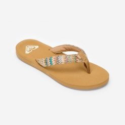 Japonki damskie Roxy Porto Raffia. Brązowe klapki Roxy, bez wzorów, z bawełny, bez obcasa. Za 129.99 zł.