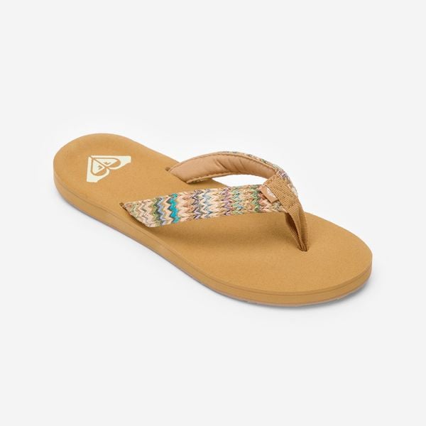 Japonki damskie Roxy Porto Raffia. Brązowe klapki Roxy, bez wzorów, z gumy, bez obcasa. Za 129.99 zł.