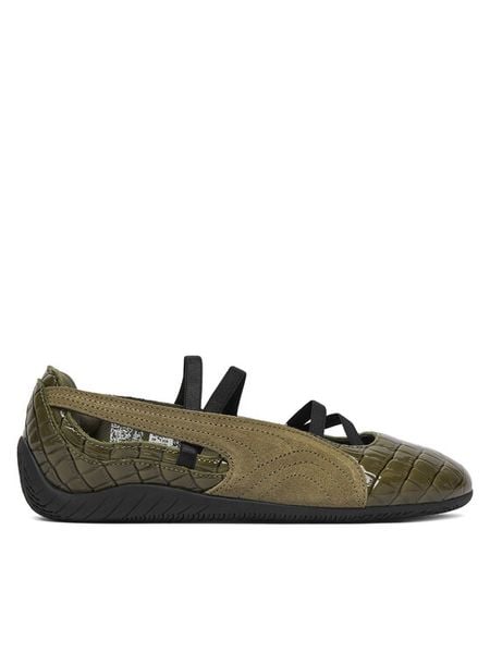 Puma Baleriny Speedcat Ballet 407680 Khaki. Brązowe baleriny Puma, bez wzorów, z lakierowanej skóry, bez obcasa. Za 399.99 zł.