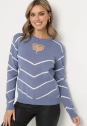 Niebieski Sweter z Wiskozą w Geometryczny Wzór z Wycięciem w Kształcie Serca z Cyrkoniami Temilime. Niebieskie swetry Born2be, m, bez wzorów, z jeansu, bez ramiączek. Za 54.99 zł.