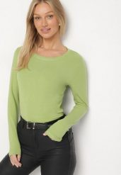 Zielona Bluzka Typu Longsleeve z Okrągłym Dekoltem Unelessa. Zielone bluzki Born2be, l, bez wzorów, z jeansu, eleganckie, bez kołnierzyka, bez ramiączek. Za 49.99 zł.