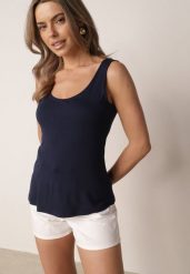 Granatowy Gładki Top na Szerokich Ramiączkach w Stylu Basic Starbe. Niebieskie topy Born2be, l, bez wzorów, z jeansu, bez kołnierzyka, bez ramiączek. Za 39.99 zł.