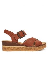 Rieker Sandały 63795-22 Brązowy. Brązowe sandały Rieker, bez wzorów, z materiału, bez obcasa, na koturnie, bez zapięcia. Za 329.99 zł.