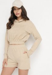 Beżowy Bawełniany Komplet Sportowy Bluza z Kapturem i Szorty Izilia. Brązowe bluzy Born2be, bez wzorów, z bawełny, z kapturem. Za 99.99 zł.