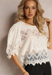 Beżowa Bluzka z Haftem i Krótkim Rękawem Huki. Brązowe bluzki Renee, bez wzorów, z tkaniny, boho, bez kołnierzyka, bez ramiączek. W wyprzedaży za 83.99 zł.