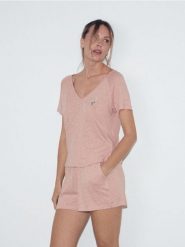 Piżama z lnem i wiskozą - brudny róż. Czerwone piżamy Reserved, bez wzorów, z dzianiny, bez ramiączek. Za 139.99 zł.