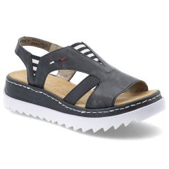Granatowe Sandały Rieker Modne Damskie Wsuwane Obuwie. Niebieskie sandały Rieker, bez wzorów, sportowe, bez obcasa, na koturnie, bez zapięcia. Za 287.99 zł.