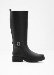Kozaki. Czarne kozaki bonprix, bez obcasa, bez zapięcia. Za 219.99 zł.