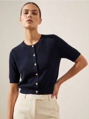 Kardigan z krótkim rękawem i ozdobnymi guzikami - granatowy. Niebieskie kardigany Sinsay, l, bez wzorów. Za 39.99 zł.