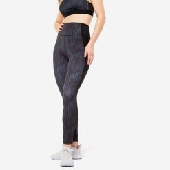 Legginsy fitness damskie Domyos. Czarne legginsy DOMYOS, l, bez wzorów, z elastanu, z podwyższonym stanem. Za 79.99 zł.