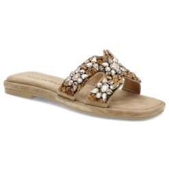 Beżowe Klapki Alma En Pena Eleganckie Obuwie Damskie. Brązowe klapki Alma en Pena, z aplikacjami, z zamszu, bez obcasa, na płaskiej podeszwie. Za 539.00 zł.