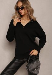 Czarny Golf w Stylu Sweterkowym z Zamkiem na Dekolcie Davinde. Czarne golfy Renee, m, bez wzorów, z tkaniny, bez ramiączek. Za 79.99 zł.
