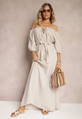 Jasnobeżowa Bawełniana Sukienka z Muślinu Wiązana przy Dekolcie z Paskiem i Gumką w Talii Tasda. Brązowe sukienki Renee, na co dzień, bez wzorów, z bawełny, bez kołnierzyka, bez ramiączek, maxi, proste. Za 159.99 zł.