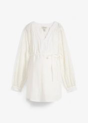 Bluzka ciążowa z muślinu z bawełny. Białe bluzki bonprix, z aplikacjami, z bawełny, eleganckie, bez kołnierzyka, moda ciążowa, bez ramiączek. Za 144.99 zł.