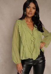 Ciemnobeżowa Koszulowa Bluzka z Dekoltem V i Falbankami Calomia. Brązowe bluzki Renee, l, bez wzorów, z jeansu, biznesowe, bez kołnierzyka, bez ramiączek. Za 99.99 zł.