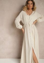 Jasnobeżowa Sukienka z Lnem i Wiskozą o Rozkloszowanym Kroju z Ozdobnymi Guzikami Maitena. Brązowe sukienki Renee, na co dzień, l, bez wzorów, z wiskozy, eleganckie, bez kołnierzyka, bez ramiączek, maxi, rozkloszowane. Za 159.99 zł.