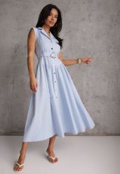 Niebieska Bawełniano-Wiskozowa Sukienka Koszulowa Bez Rękawów z Paskiem Athithoe. Niebieskie sukienki Renee, m, bez wzorów, z bawełny, bez kołnierzyka, bez ramiączek, maxi, koszulowe. Za 189.99 zł.