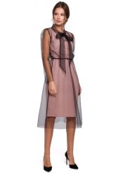 Pudrowa Elegancka Sukienka z Tiulem. Czarne sukienki MAKEOVER, l, bez wzorów, z elastanu, eleganckie, bez kołnierzyka, bez ramiączek. Za 238.90 zł.